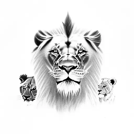 Two Cubs With Lion Standing Above