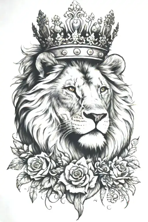 Lion Wearing A Crown With Flowers And Raven Perched