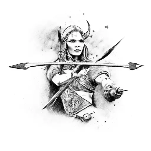 A Beautiful Viking Woman's Dressed In Furs And Bones Aiming A Bow And Arrow