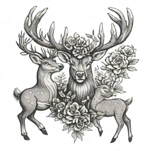 A Stag And Deer With 3 Baby Deer Around Them