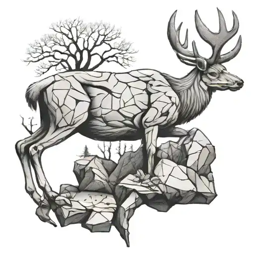 Cracked Stone Statue Of A Deer Standing On His Back Legs