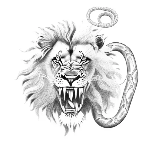 A Lion With A Snake In Its Mouth