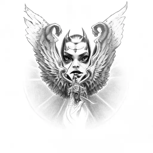 Left Side Angel Right Side Demon On Knees With Wrist Tied Female