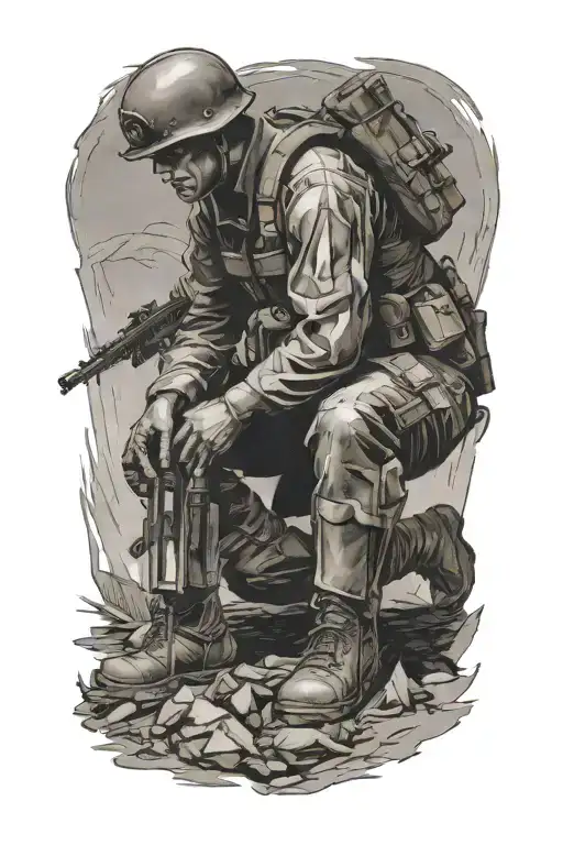 1 Soldier Kneeling Over A Wounded Comrade
