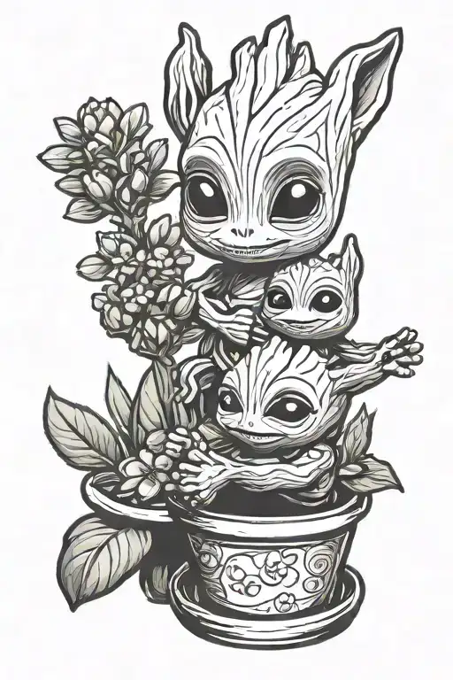 A Tattoo Of Baby Groot And Grogu Playing Together In A Garden Of Flowers