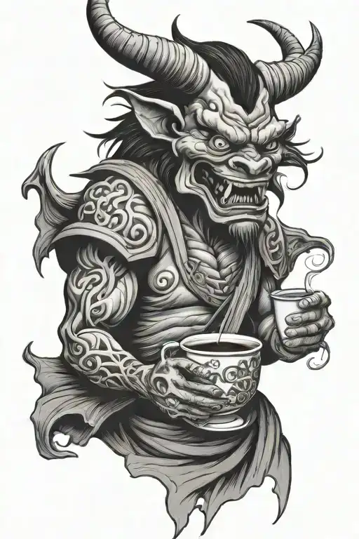 Japanese Demon Holding A Cup Of Coffee