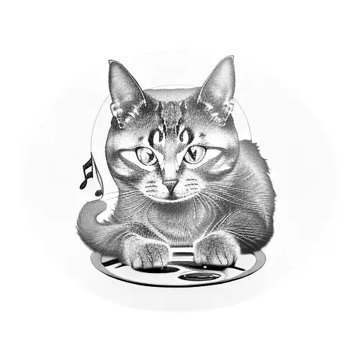 A Black-grey Tattoo Of A Cat Curled Up On A Vinyl Record With Musical Notes Swirling Around It