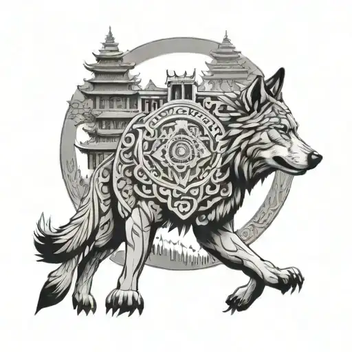 A Fusion Of Hindu Temple Architecture And Mountain Landscape With A Wolf As A Guardian Spirit