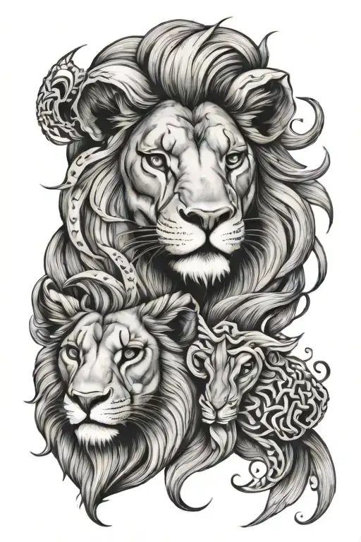Female Lion Face And Pisces Fish And Aries Ram