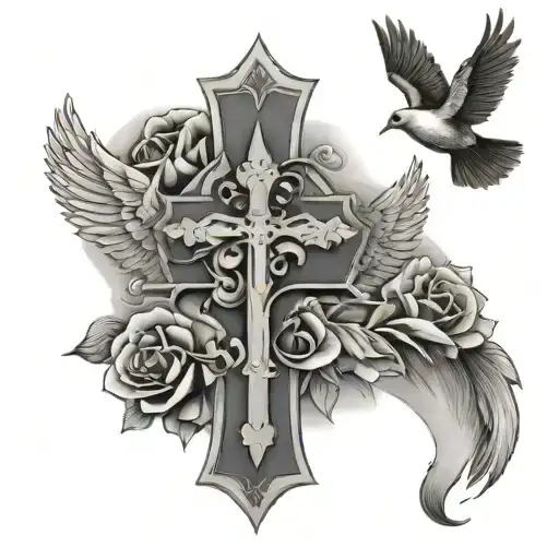 Three Cross Tattoo With Dove Flying
