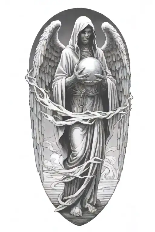 Cloaked Shadowy Angel With Glowing Ball In Hands