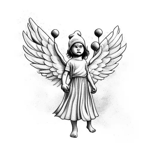 Minimal Baby Angel Cherub Wearing Beanie Holding Ak47 With Wings Black And White Outline Line Work