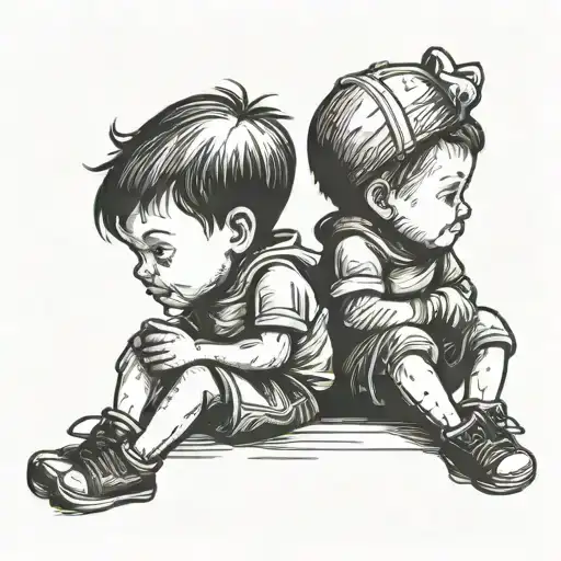 Two Small Kids Sitting Together Turing Backside And Keeping Hands On Eachother Shoulder