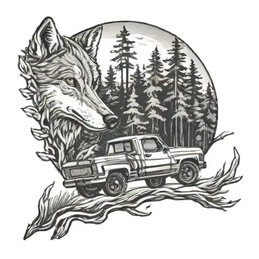 A Chevy Truck Driving Through A Forest With A Wolf Running Alongside It