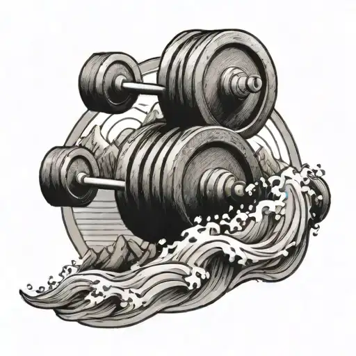 A Weightlifting Barbell Surrounded By Mountain Peaks And Water Waves