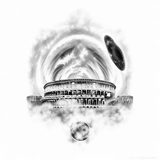 A Black-grey Tattoo Of The Roman Colosseum Merging With A Nebula In Space