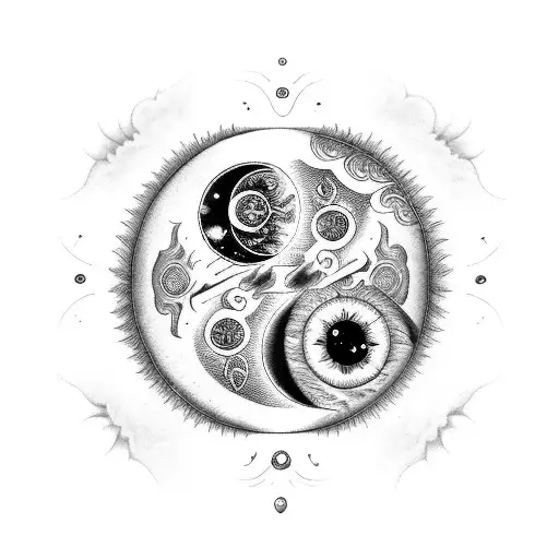 A Moon And Sun Yin Yang Tattoo With Chakra Colors In Black-grey Style