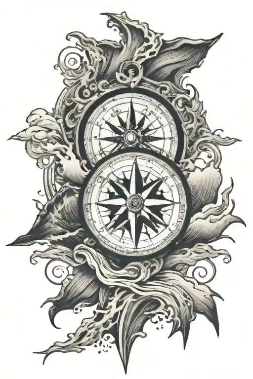 Compass With Waves And Mountains