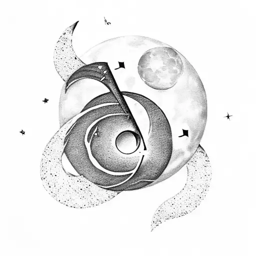 A Black-grey Tattoo Of A Music Sheet Forming The Shape Of The Moon With Stars As Musical Notes