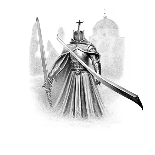 A Powerful Templar Knight Holding A Sword With The Silhouette Of A Church In The Background