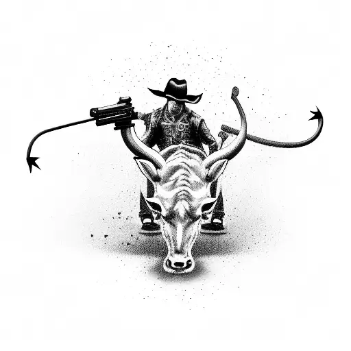 An Operator Riding A Mechanical Bull With Guns And Roses In A Black-grey Style