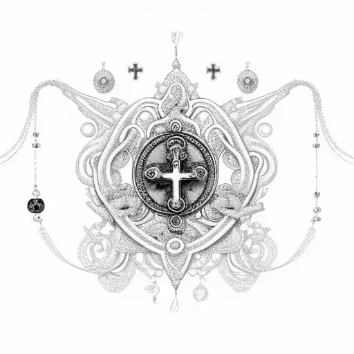 An Intricate Design Featuring A Hand Clasping A Rosary With Birds Perched On Each Bead