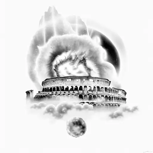 A Black-grey Tattoo Of The Roman Colosseum Merging With A Nebula In Space