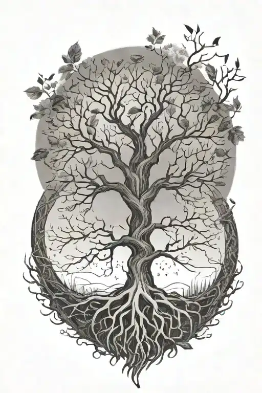 Tree Of Life With Roots And Half No Leaves Growing