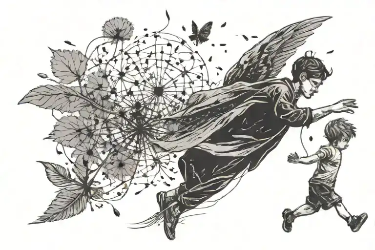 A Mini Human Flying With A Dandelion Seed Among Other Seeds