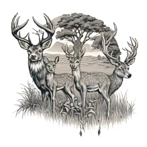 A Stag And Doe Standing In A Field With 3 Baby Deer Around Them