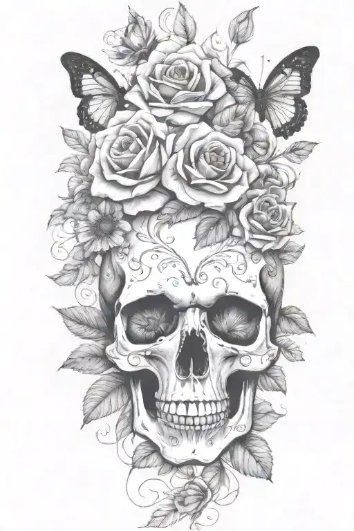 Roses Skull Butterflies Sunflowers Long Greens Stems