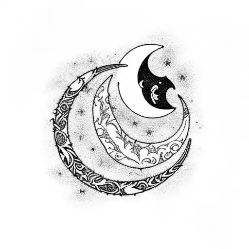 A Crescent Moon Made Of Stained Glass With Intricate Floral Patterns Inside