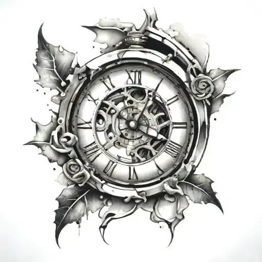 A Tattoo Of A Broken Clock With Crumbling Pieces Symbolizing The Passage Of Time