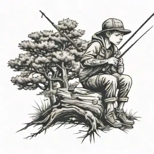 Boy Sitting Under Pine Tree Fishing Rod Extended Out