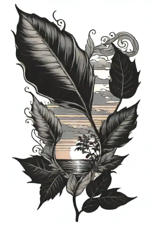 Sunset Plant Leaves Ocean Peace