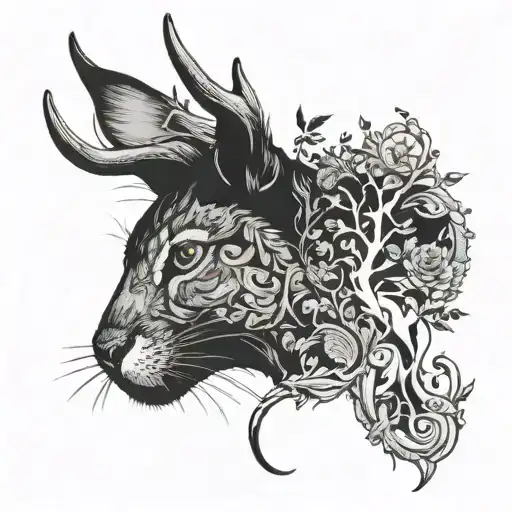 Cat Silhouette Deer Antlers Rabbit Sitting