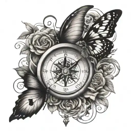 Butterflies And Compass And Flower And Temple