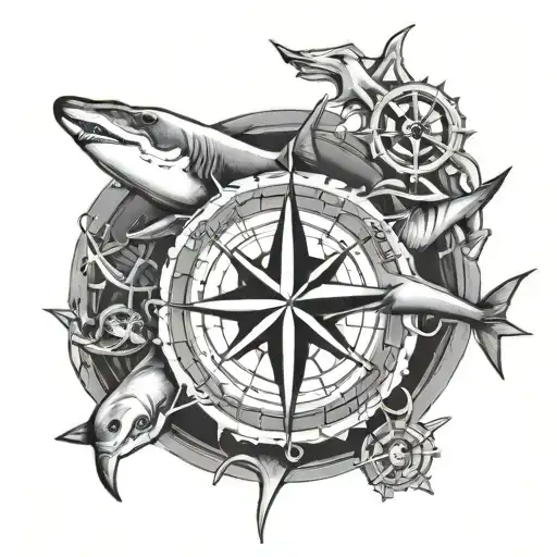 Hammerhead Shark And Nautical Compass