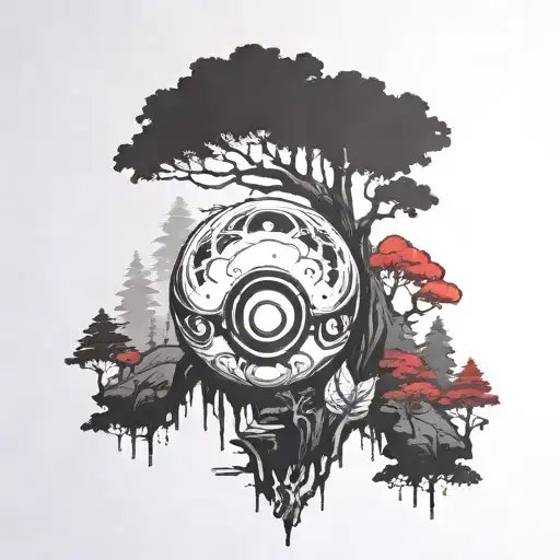 Pokeball With Princess Mononoke Forest On The Top Where The Red Usually Is