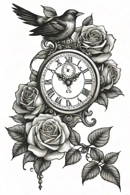 Roses With Bird And Clock