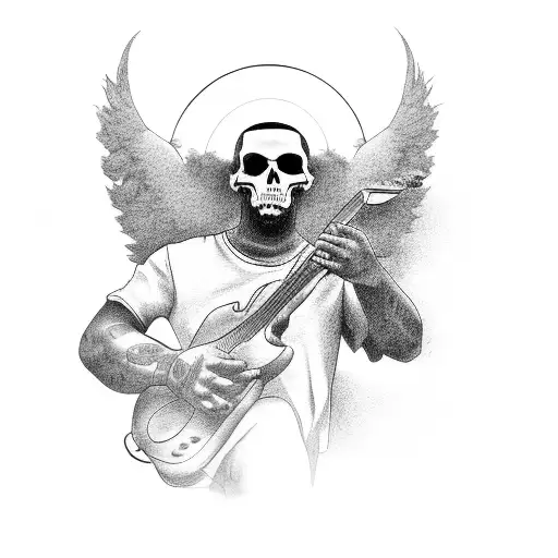 A Black And Grey Tattoo Of A Thug Angel Playing A Guitar