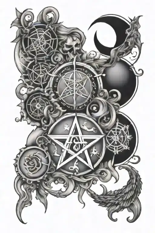Witchy Spiritual Symbols Back Tattoo Design