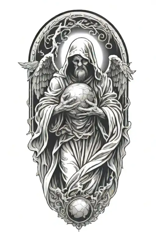 Cloaked Angel With Glowing Ball In Hands