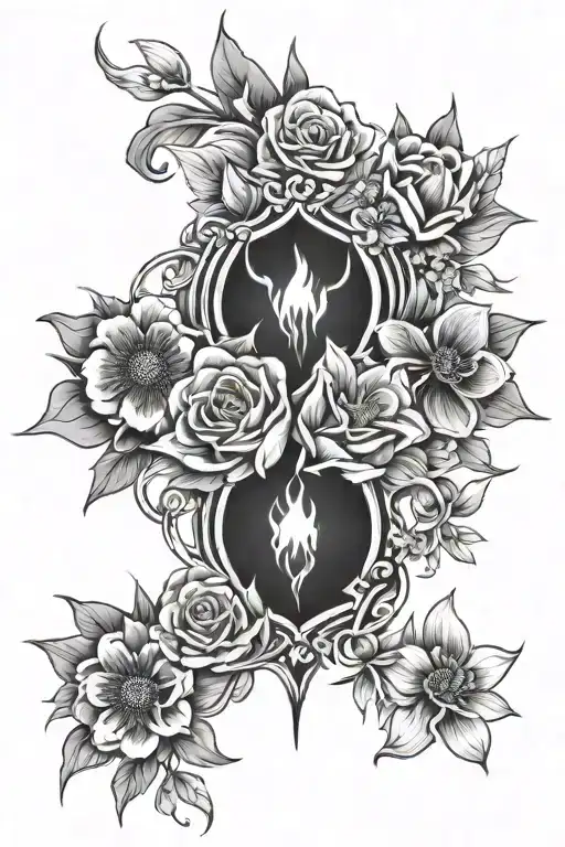 Fine Line Straight Down The Spine Tattoo With Flowers And Fire