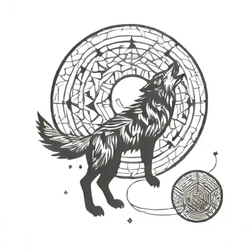 A Wolf Howling At A Psychedelic Moon Surrounded By Geometric Shapes