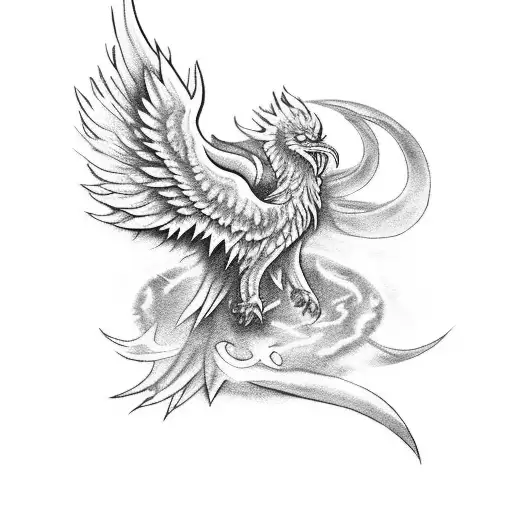 Create A Black-grey Tattoo Of A Phoenix Rising From An Ouroboros