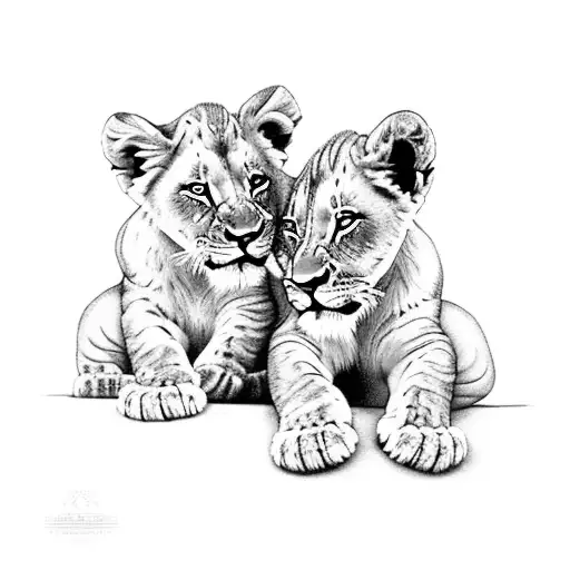 Two Lion Cubs With Their Mother