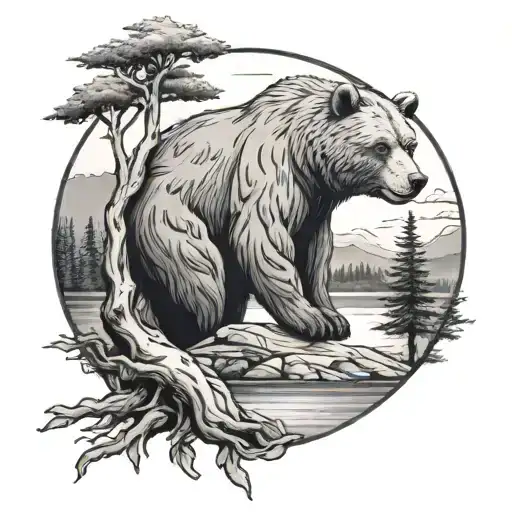 Bear And Trees With Lake And Greek God Below The Lake