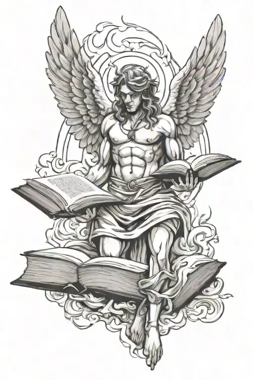 Levitating Angel With Wings And Holding Book On One Hand And A Flaming Sword On The Other