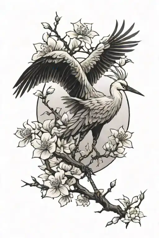 Cherry Blossom And Crane Bird